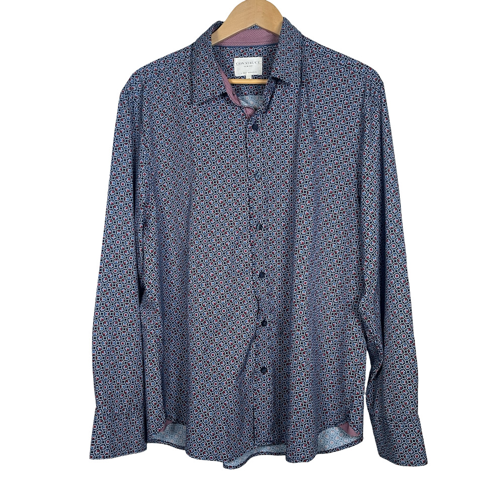 CON.STRUCT Shirt Mens XL Blue Geometric Long Sleeve 4-Way Stretch Button Up
